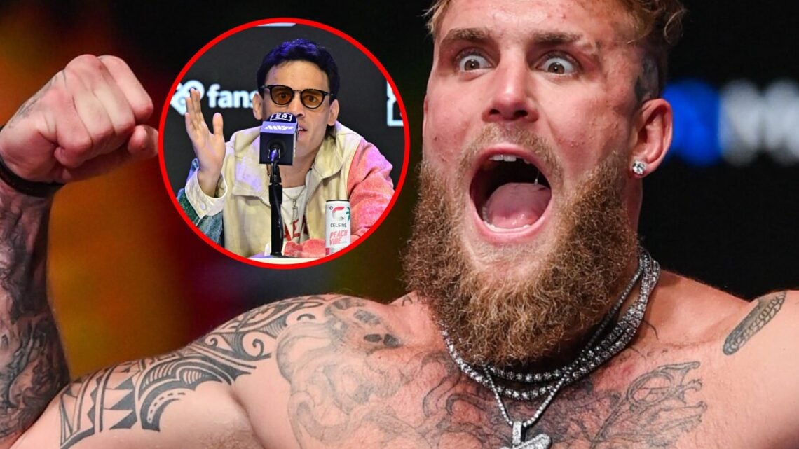 Jake Paul flexing and shouting at his weigh-in with inset of Chavez Jr at their press conference