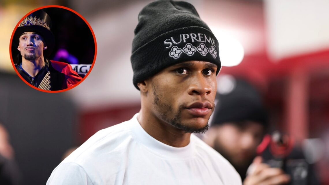Image of Devin Haney at workout with inset of Teofimo Lopez during walkout.