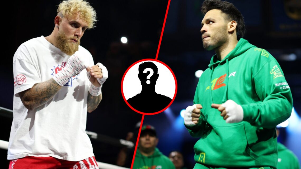 Jake Paul at the media workout for his fight with Chavez Jr split with Chavez Jr at the same media workout in a green tracksuit with inset of myste...