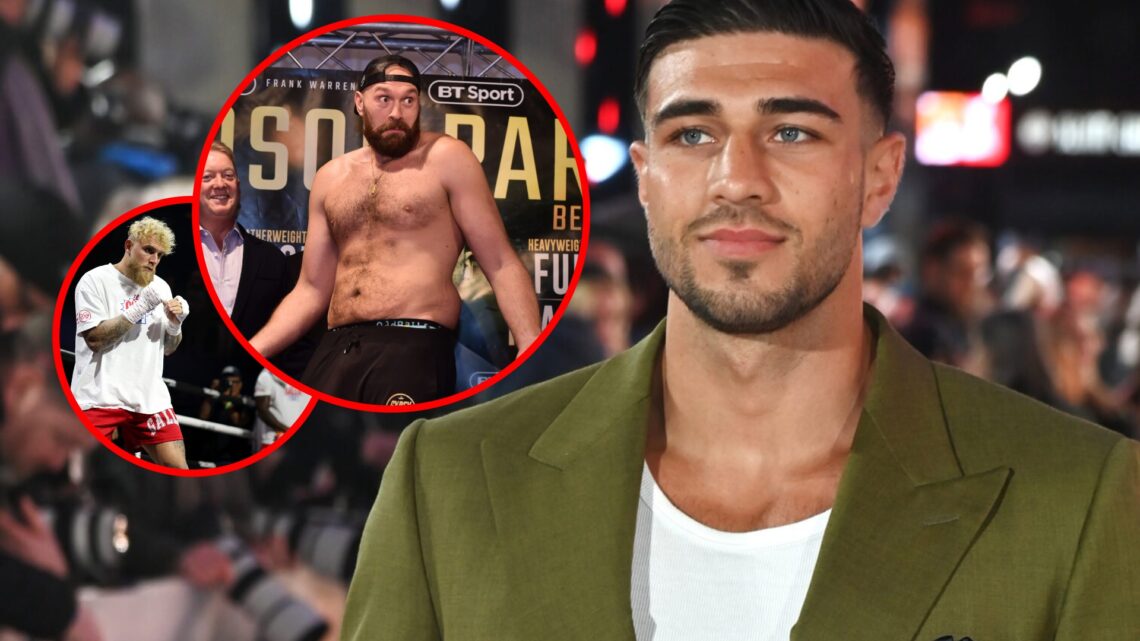 Tommy Fury in a suit at a premiere with insets of Jake Paul at his media workout for the Chavez Jr fight and Tyson Fury topless at a weigh in
