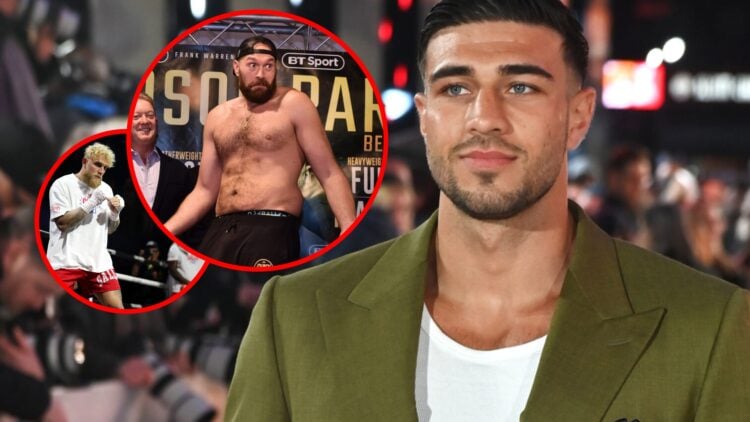 Tommy Fury in a suit at a premiere with insets of Jake Paul at his media workout for the Chavez Jr fight and Tyson Fury topless at a weigh in