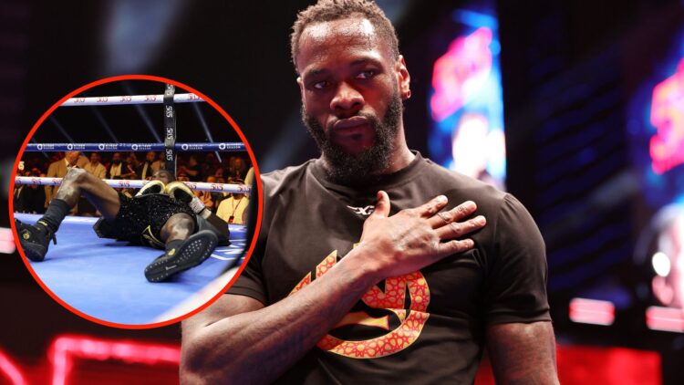 Deontay Wilder wearing a black t-shirt with his hand over his heart at the 5v5 event press conference, with an overlay of Doentay Wilder lying near...