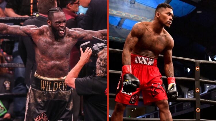 Deontay Wilder in the ring with his arms outstretched in a T-shape as he celebrates after defeating Dominic Breazeale on the left and on the right,...