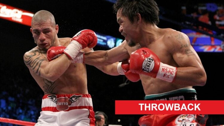 Manny Pacquiao hits a right jab into the chin of Miguel Cotto as Cotto pulls away in their 2009 fight with a right rectangle labeled "Throwback" in...