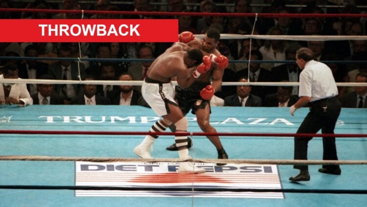 Mike Tyson hits Michael Spinks with a right hand while stood in the center of the ring during their 1988 clash, with a red rectangle labeled "Throw...