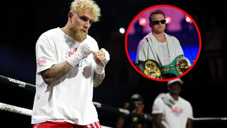 Jake Paul in white tee and red shorts at his media workout for Chavez Jr fight with inset of Canelo wearing sunglasses behind belts at Terence Craw...