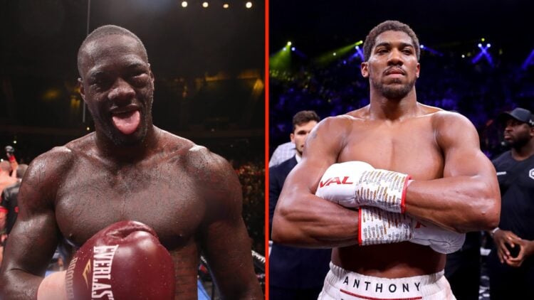 Deontay Wilder pokes his tongue out in celebration immediately after his win over Johann Duhaupas in the ring and Anthony Joshua stands with his ar...