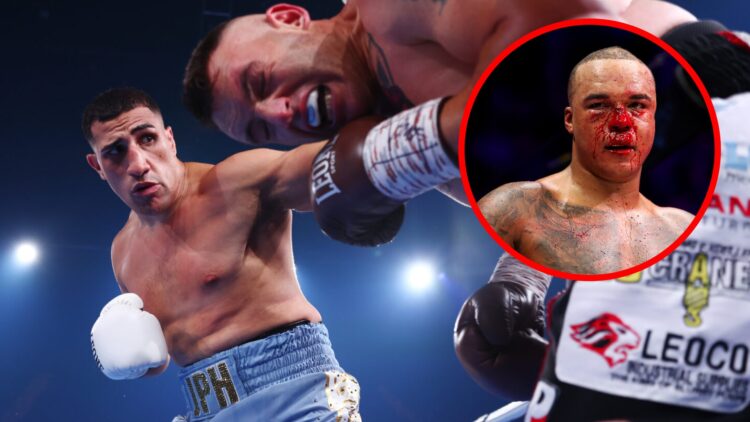 Justis Huni punches Shaun Potgieter with inset of Fabio Wardley with a heavily bloodied nose