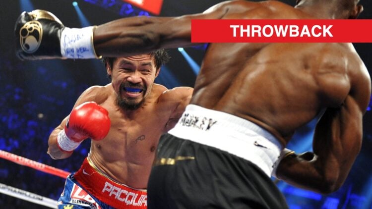 Manny Pacquiao fires a left hand at Tim Bradley, whose back is to the camera