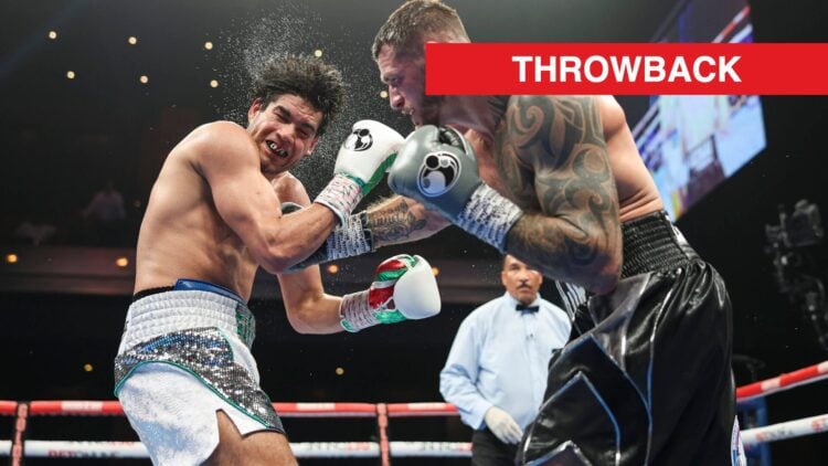 Sweat bounces off of the head of Gilberto Ramirez as he recoils from a right hand thrown by Joe Smith Jr.