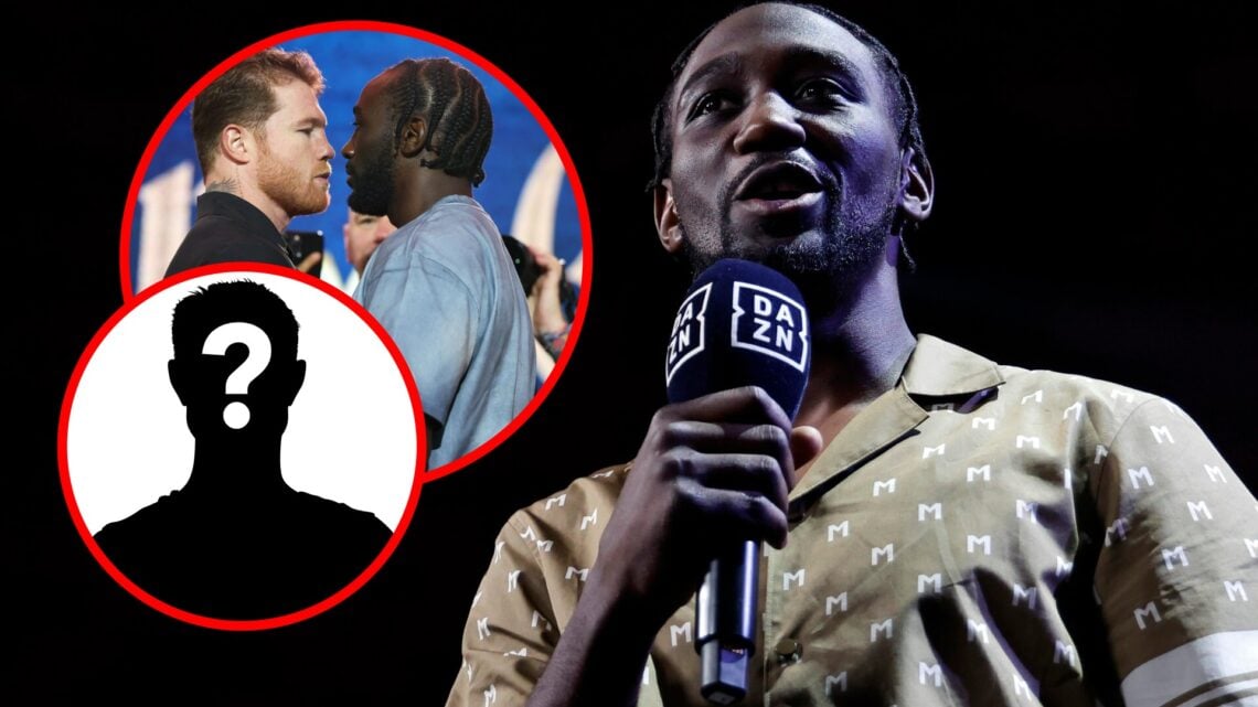 Terence Crawford wearing a shirt with a pattern made up of 'M's with inset of Crawford and Canelo facing off at a press conference and an inset of ...