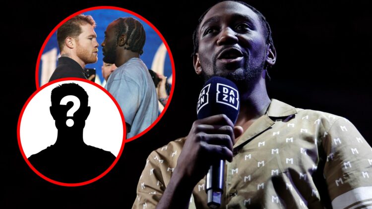 Terence Crawford wearing a shirt with a pattern made up of 'M's with inset of Crawford and Canelo facing off at a press conference and an inset of ...