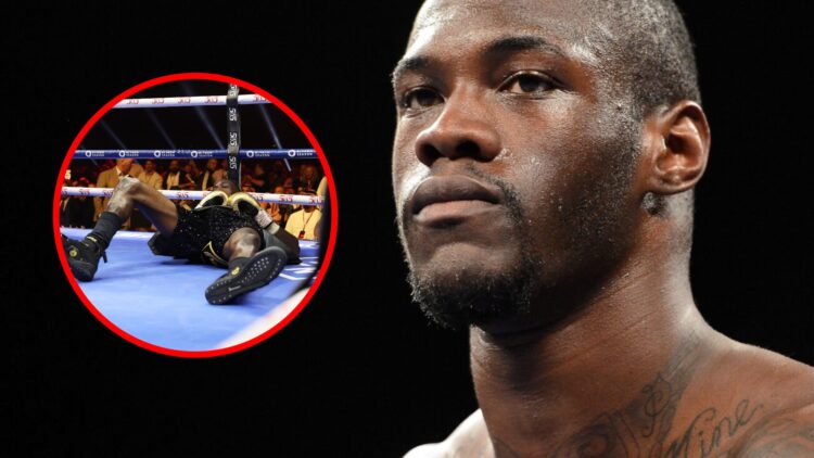 Close-up of Deontay Wilder looking stoic in the ring against Kelvin Price with inset of Wilder on the canvas after being KO'd by Zhilei Zhang