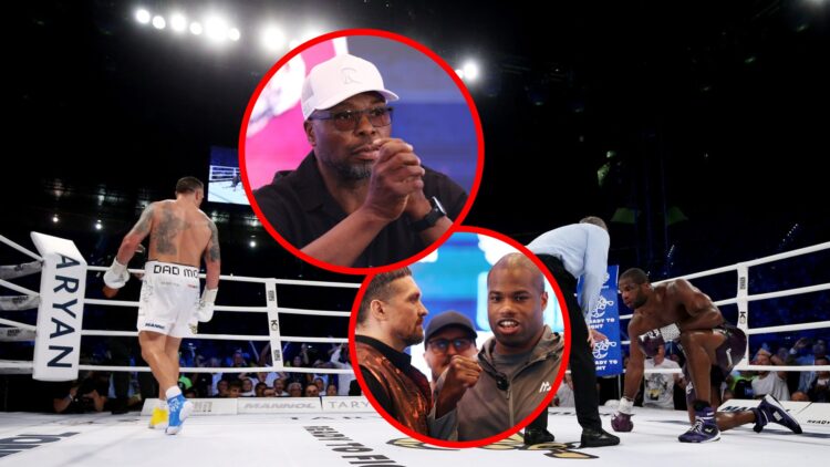 Usyk walks away after dropping Dubois who is knelt on the canvas, with inset of Don Charles clasping his hands together at Dubois vs Usyk 2 press c...