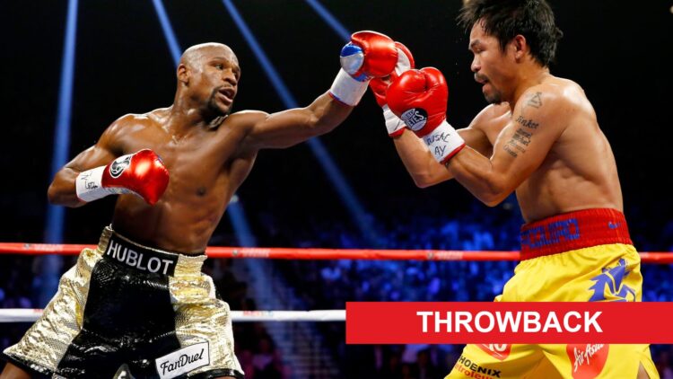 Floyd Mayweather Jr jabs Manny Pacquiao who blocks the punch with his right hand with a red rectangle labeled "throwback" in the bottom right hand ...