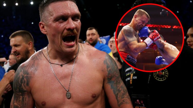 Oleksandr Usyk yelling in the ring after a win with inset of Jai Opetaia landing a huge punch on the face of Mairis Briedis