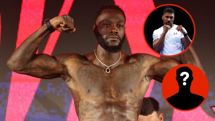 Image of Deontay Wilder at weight ins with insets of Anthony Joshua and mystery figure