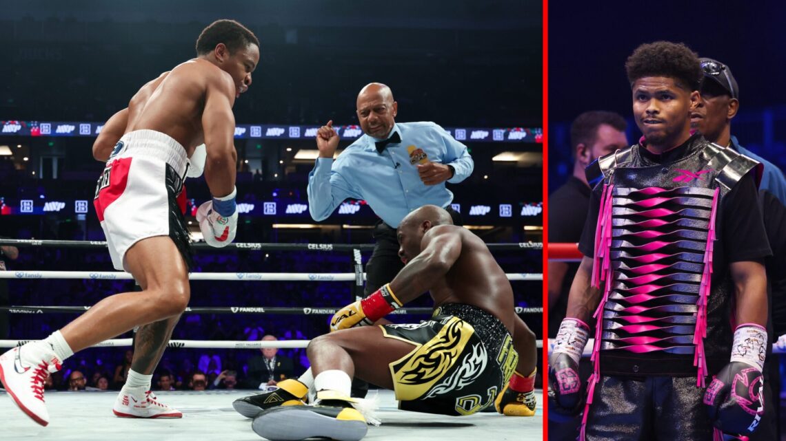 Floyd Schofield stands over Tevin Farmer who is on the canvas after being KO'd split with Shakur Stevenson in his corner wearing pink and purple ri...