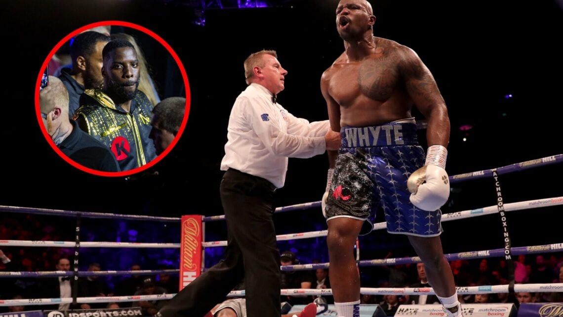 Dillian Whyte screaming in the ring after a KO win with inset of Lawrence Okolie in his ring attire ahead of a fight