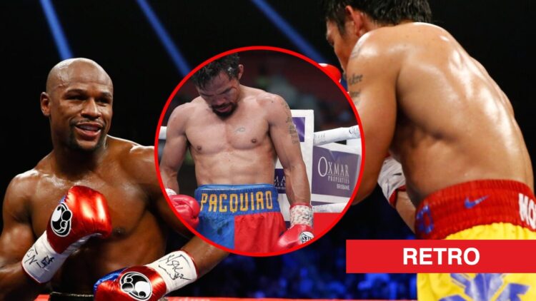 Floyd Mayweather smirks as he stands opposite Manny Pacquiao with inset of Manny Pacquiao hanging his head low after losing to Jeff Horn