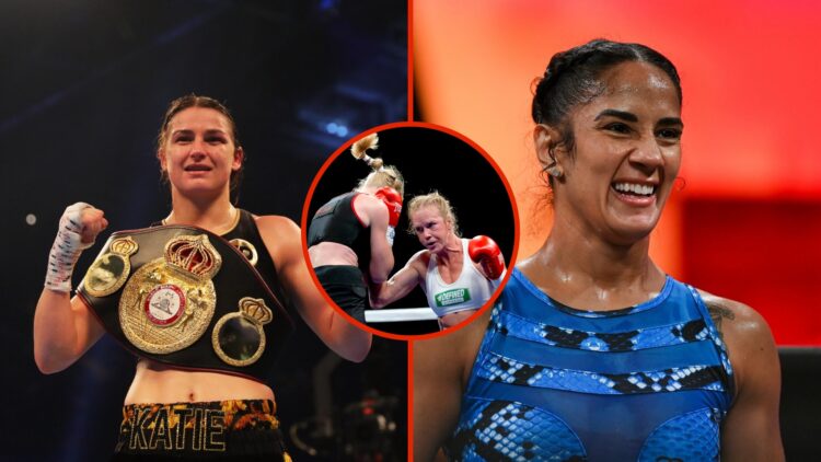 Split image of Katie Taylor and Amanda Serrano with inset of Holly Holm