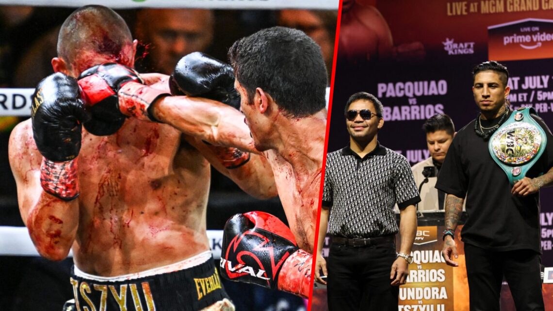 Tim Tszyu takes a left straight to the face from Sebastian Fundora, both men are covered in blood split with Manny Pacquiao stood beside Mario Barr...