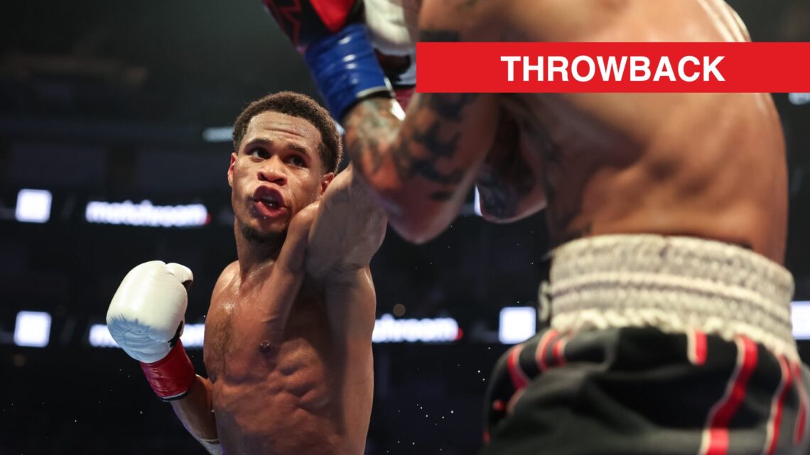 Image of Devin Haney fighting Regis Prograis with throwback label