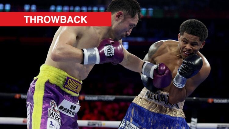 Shakur Stevenson receiving punch from Shuichiro Yoshino with throwback label
