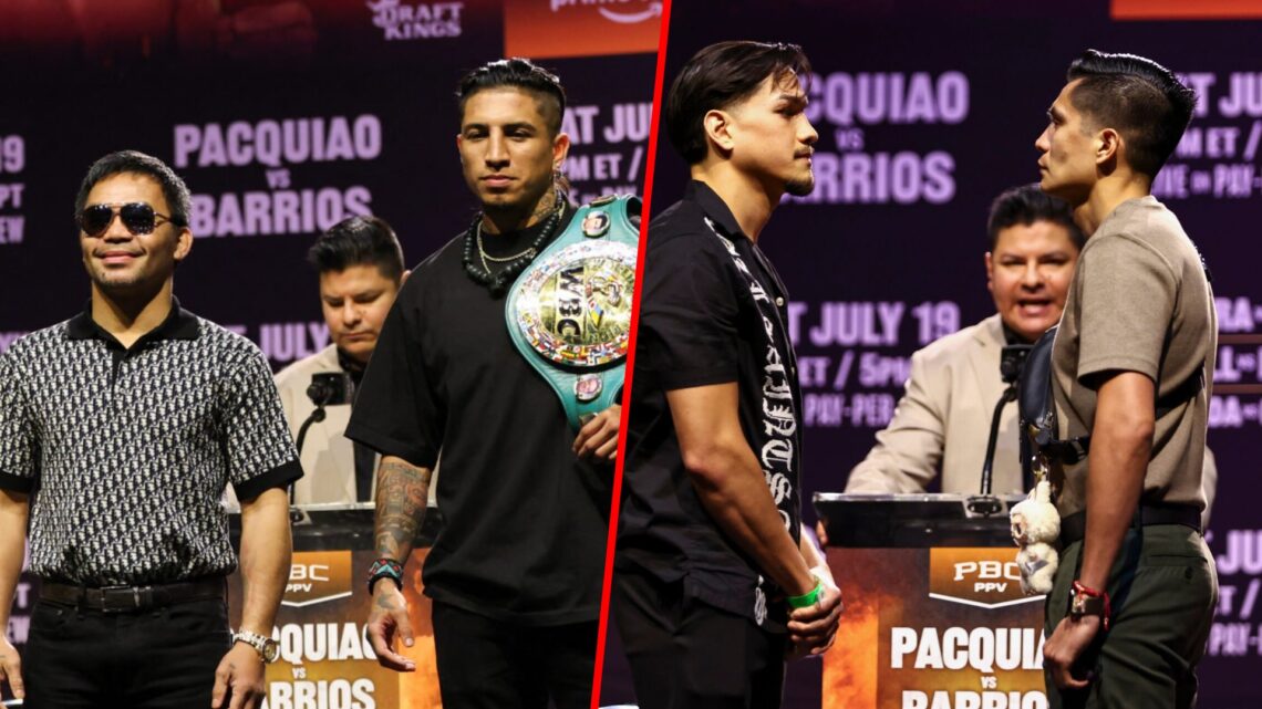 Manny Pacquiao stands beside Mario Barrios at their face off split with Brandon Figueroa and Joet Gonzalez facing off at the press conference