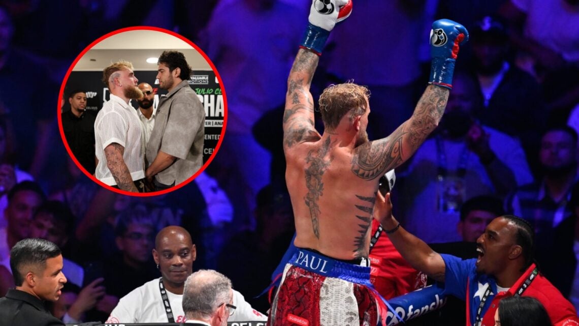 Jake Paul stands in the corner with his hands in the air after winning against Julio Cesar Chavez Jr with inset of Jake Paul facing off against Gil...