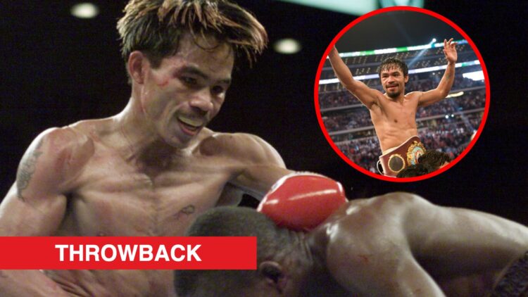Manny Pacquiao in a lock with Lehlo Ledwaba during their IBF title fight with inset of Manny Pacquiao with his arms in the air and a belt around hi...