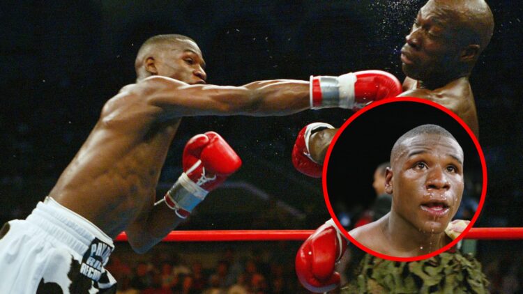 Floyd Mayweather punches DeMarcus Corley with inset of Mayweather covered in sweat