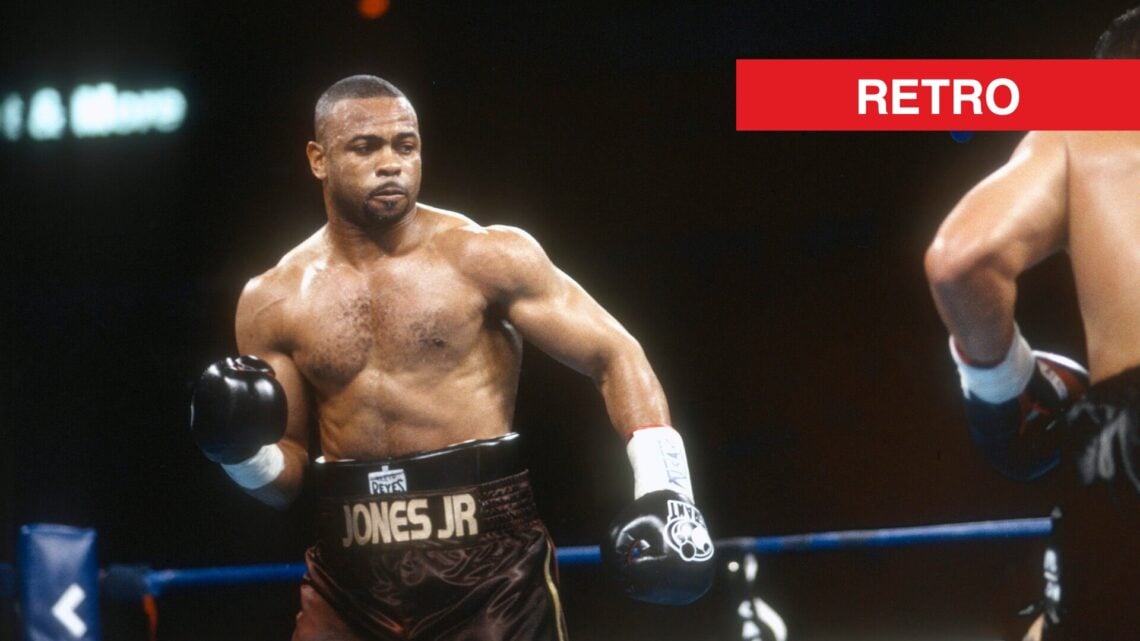 Roy Jones Jr. in ring with retro label