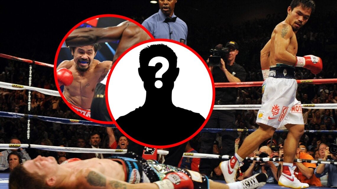 Manny Pacquiao walks away after stopping Ricky Hatton, who lies on the canvas with inset of Pacquiao facing Tim Bradley as he fires a left hand and...
