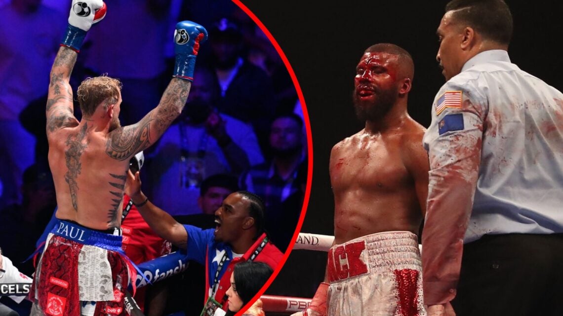 Jake Paul with his hands in the air after defeating Julio Cesar Chavez Jr split with Badou Jack smirking whilst covered in blood after sustaining h...
