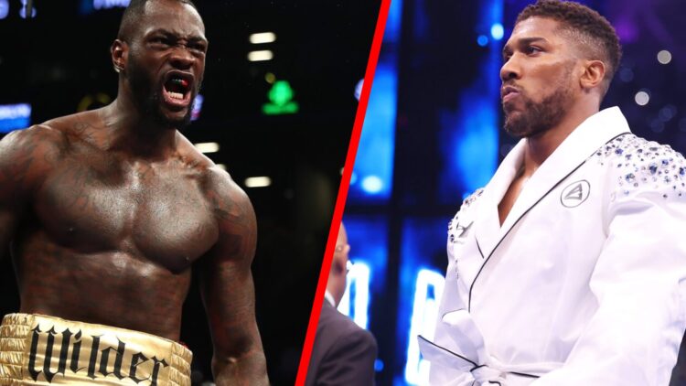 Deontay Wilder dons black and gold shorts and shouts after defeating Bermane Stiverne in 2017 split with Anthony Joshua in white bejewelled robe ah...