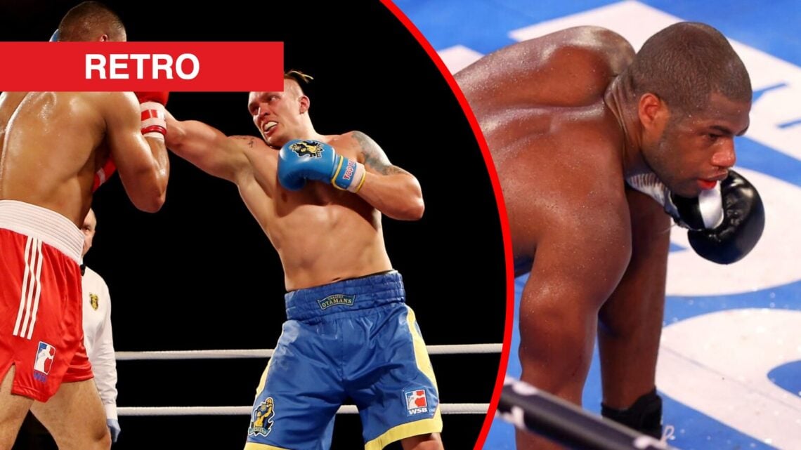 Oleksandr Usyk lands a straight left hand on Joe Joyce during their World Series amateur bout split with Daniel Dubois taking a knee after Joyce fr...