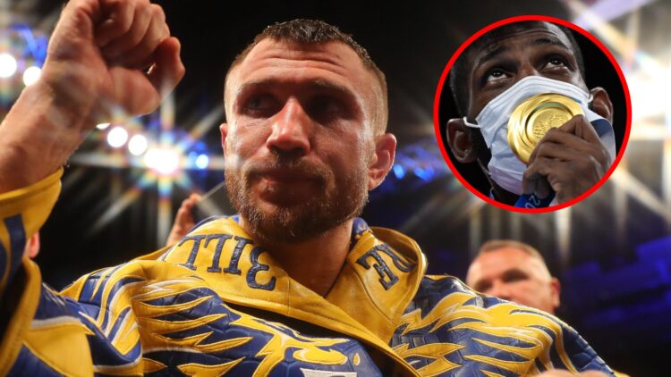 Vasiliy Lomachenko in the ring after a fight with inset of Andy Cruz kissing his Olympic gold medal