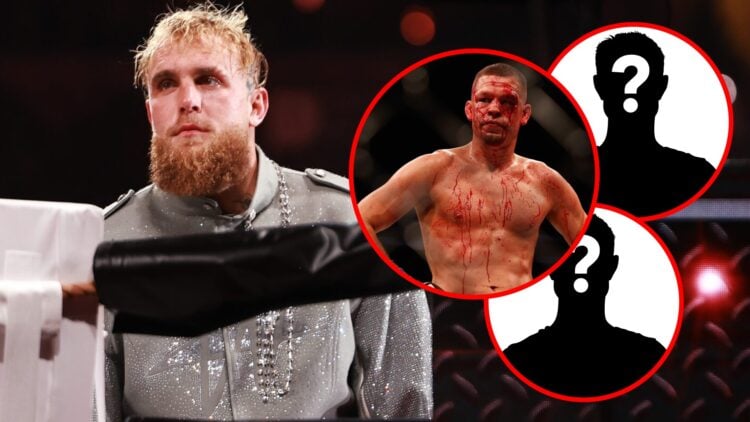 Jake Paul in a silver outfit in the ring, with inset of Nate Diaz covered in blood in the octagon and two insets of mystery silhouettes