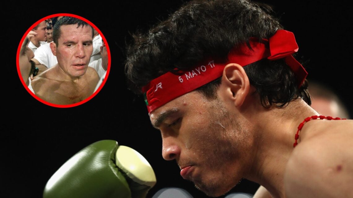 Julio Cesar Chavez Jr. in the ring with bandana on with inset of Julio Cesar Chavez Sr after losing