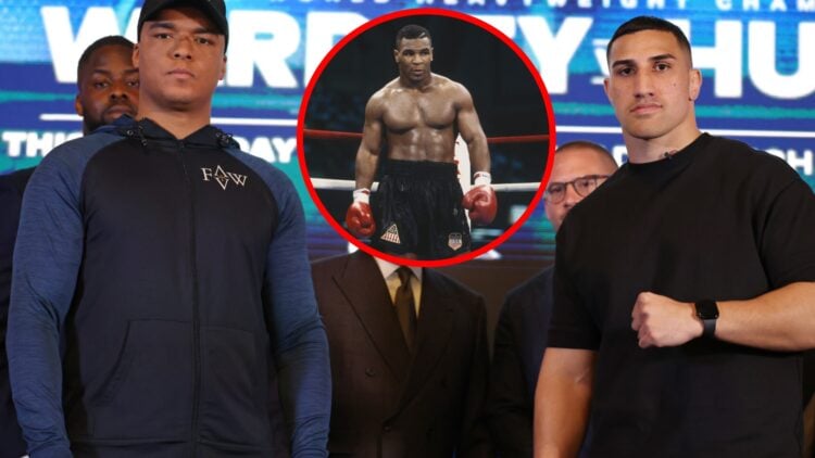 Fabio Wardley and Justis Huni stand beside eachother at their press conference with inset of Mike Tyson in the ring