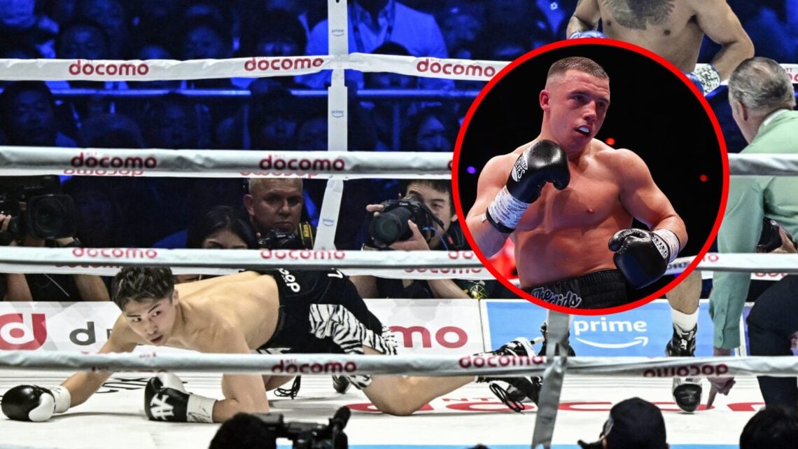 Naoya Inoue on the canvas after being dropped by Luis Nery with inset of Nick Ball in the ring
