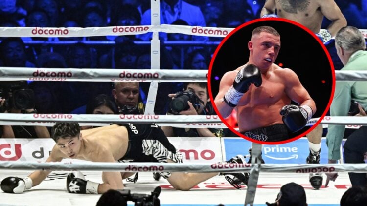 Naoya Inoue on the canvas after being dropped by Luis Nery with inset of Nick Ball in the ring