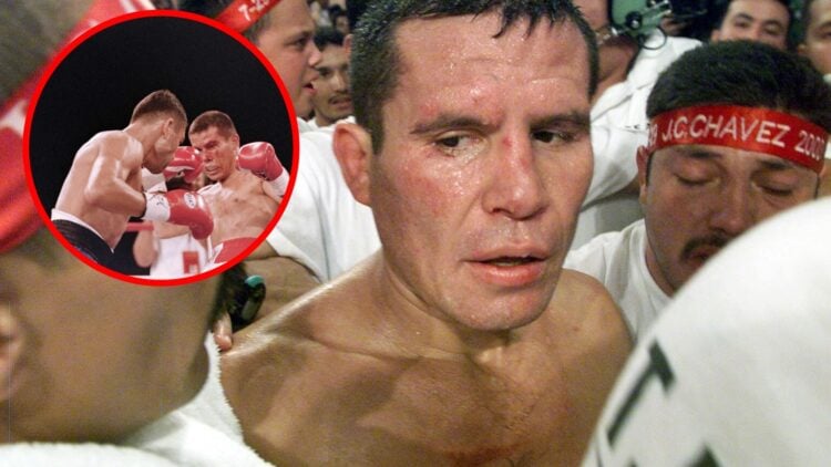 Julio Cesar Chavez looking upset in the ring following a loss with inset of Chavez dodging the punch of an opponent