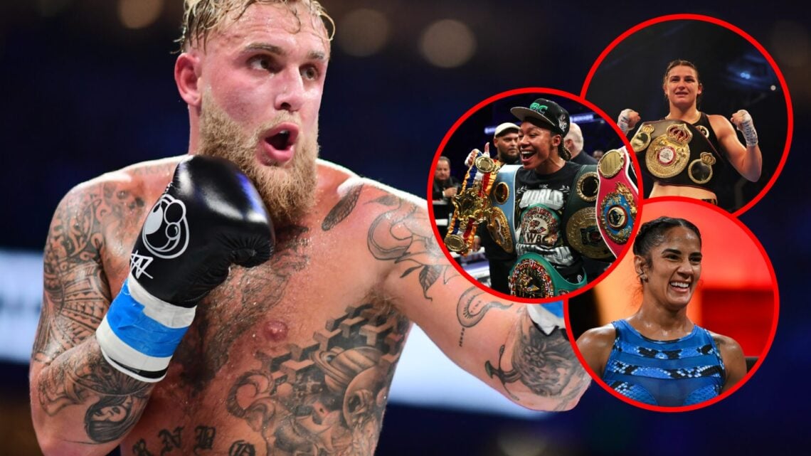 Jake Paul in the ring against Mike Perry with insets of Alycia Baumgardner holding all of her belts and Amanda Serrano smiling and Katie Taylor hol...