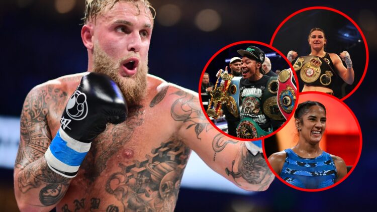 Jake Paul in the ring against Mike Perry with insets of Alycia Baumgardner holding all of her belts and Amanda Serrano smiling and Katie Taylor hol...