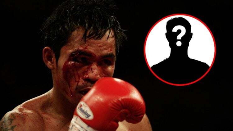 Manny Pacquiao close-up with a cut above his eye with inset of mystery silhouette