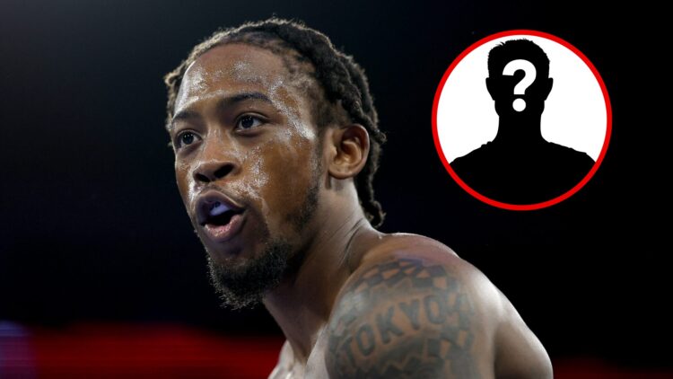 Keyshawn Davis close-up in the ring with inset of mystery silhouette