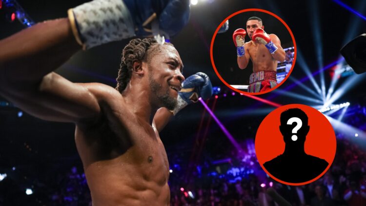 Image of Keyshawn Davis celebrating win with inset of Teofimo Lopez in ring and mystery figure.