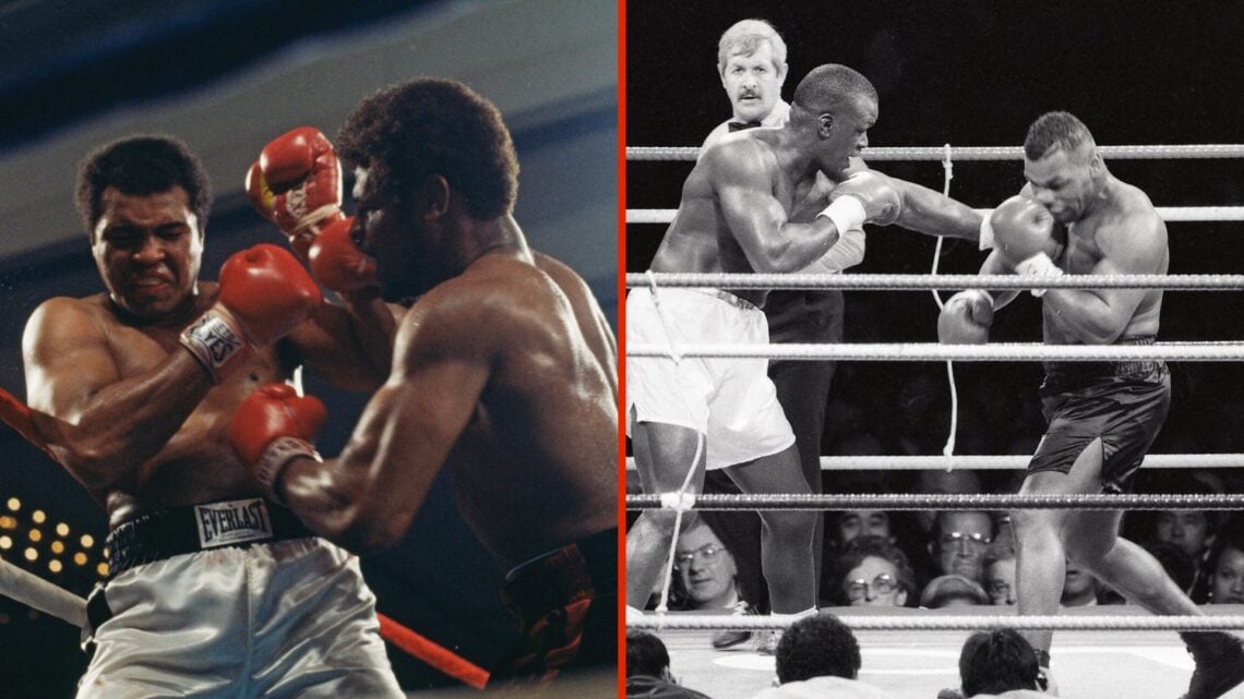 Split image of Muhammad Ali vs Leon Spinks and Mike Tyson vs James Douglas